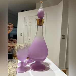 WVa Frosted Lilac Decanter w/ Intact Stopper & Matching Glasses